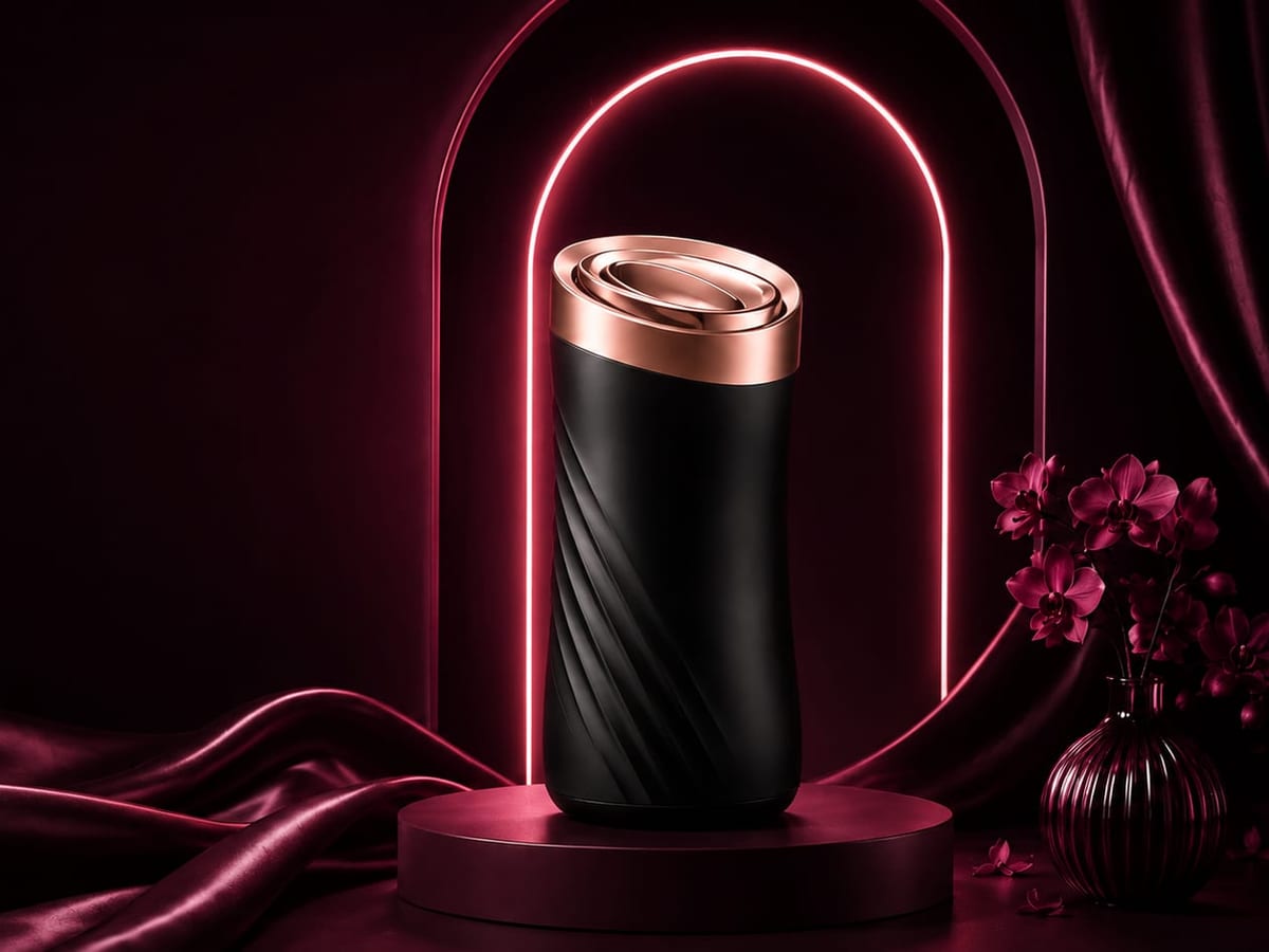A black stroker with a rose-gold cap under a neon arch