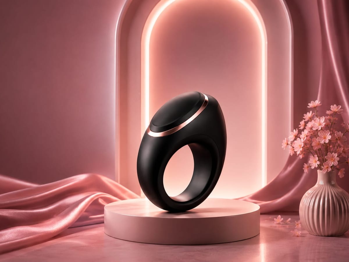 A black vibrating ring with a rose-gold band on a plinth