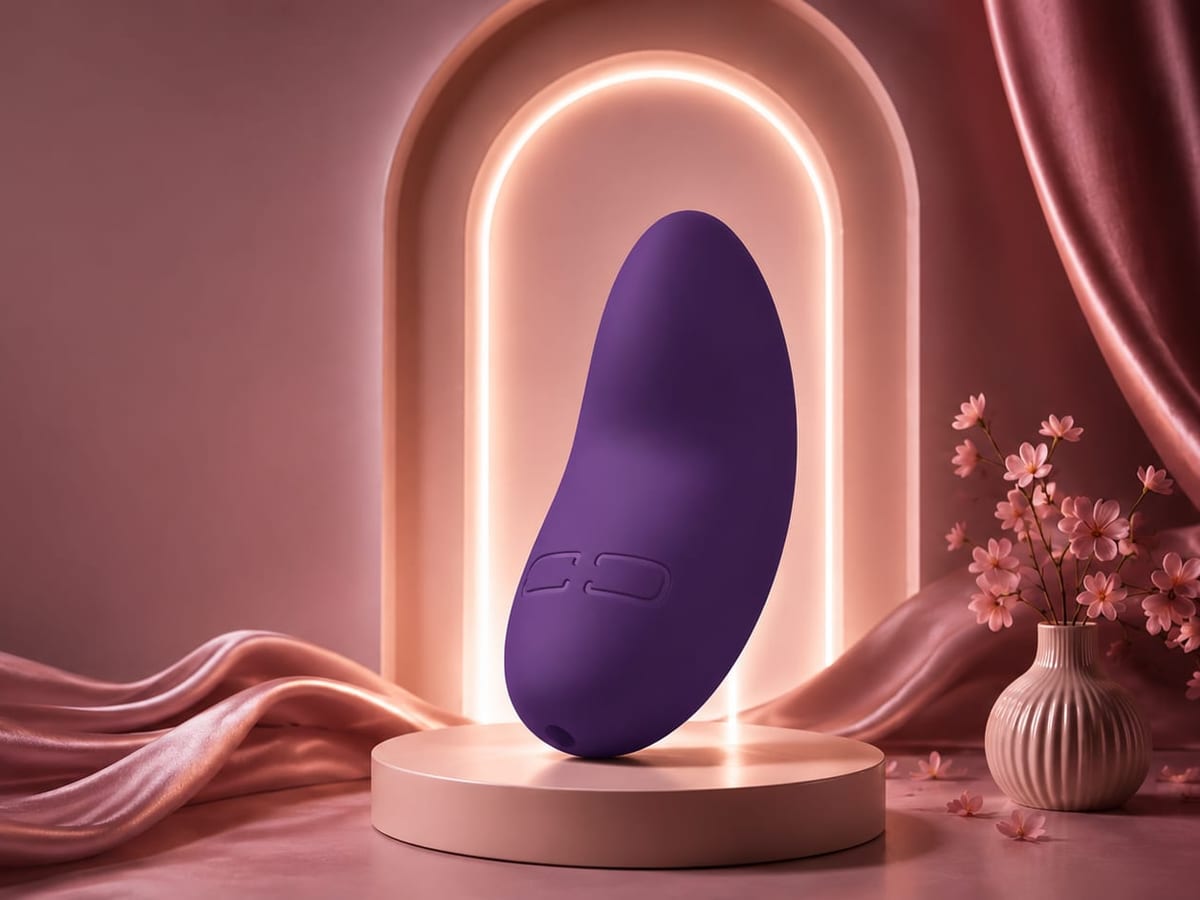 A violet personal massager on a plinth in a lit arch