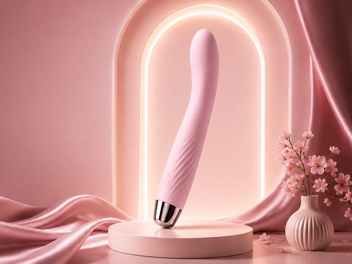 A blush-pink G-spot vibrator on a plinth in a lit arch